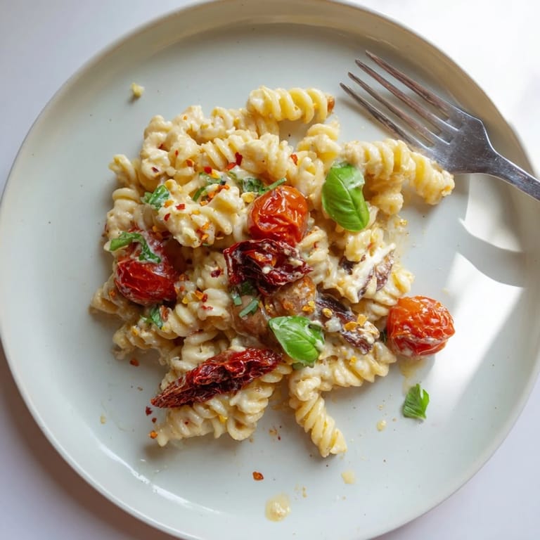 Golden baked feta pasta 2.0 served with fresh basil and rich, burst tomatoes on a plate. 