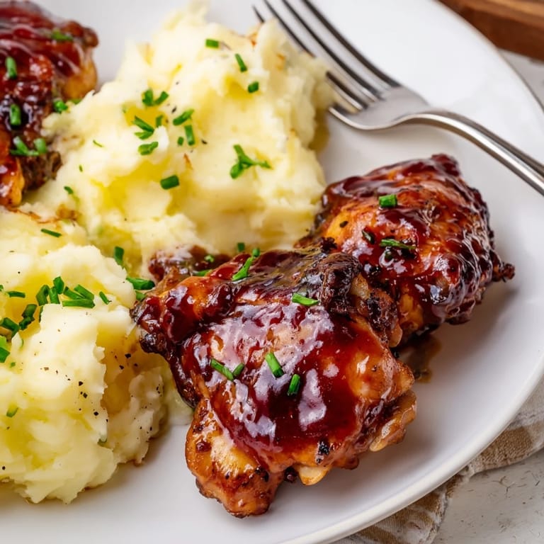 Golden honey BBQ chicken thighs drizzled with sauce alongside rich, smooth garlic mashed potatoes.