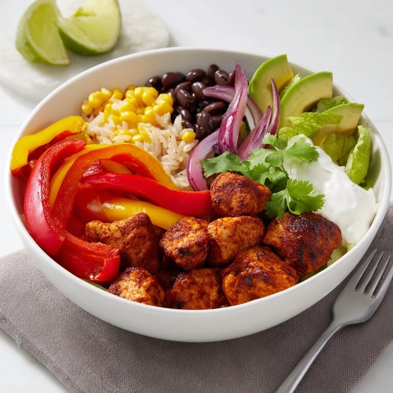 Delicious roasted chicken and vegetables in easy Sheet Pan Chicken Burrito Bowls.  
