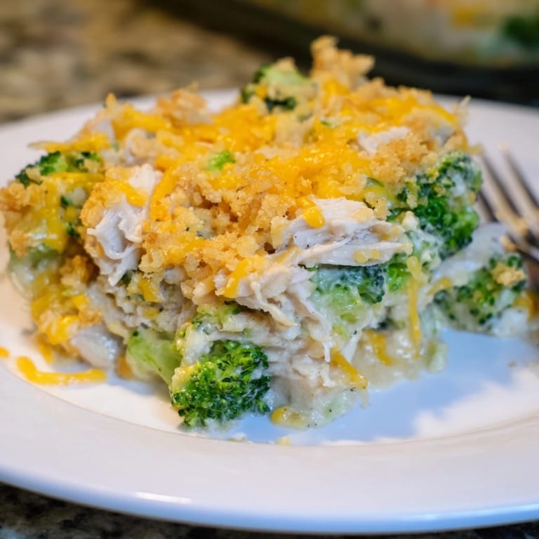 A comforting Chicken & Broccoli Cheddar Bake perfect for cozy family dinners.  