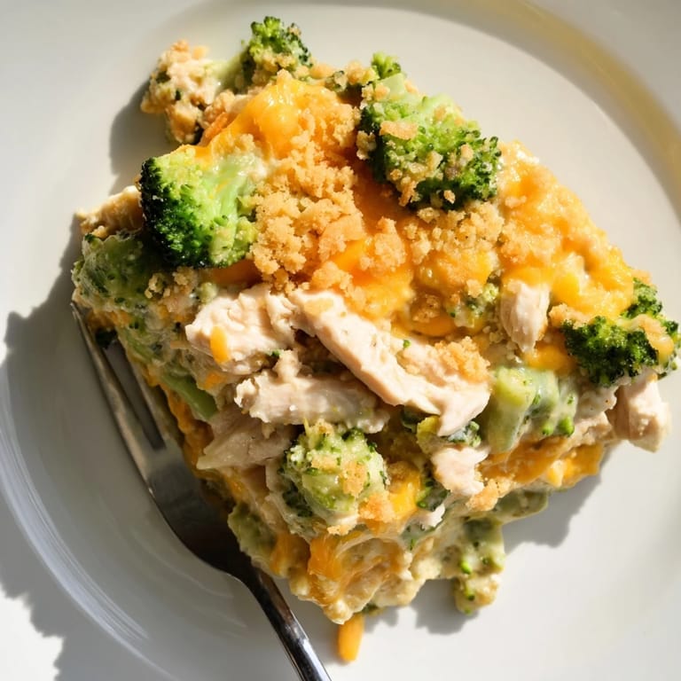 Savory Chicken & Broccoli Cheddar Bake features creamy sauce and vibrant broccoli florets.
