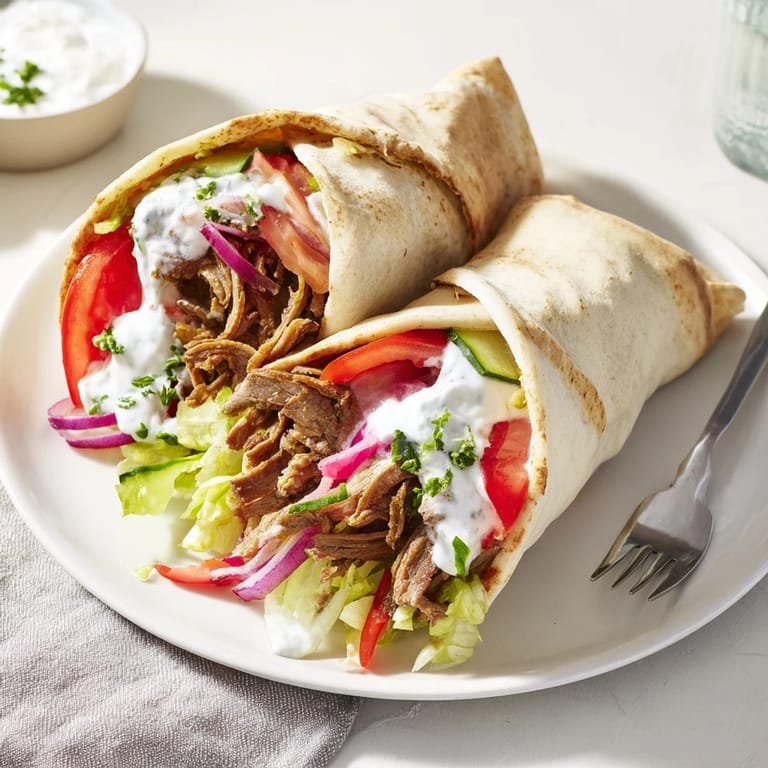 Savor beef shawarma wraps, drizzled with tangy yogurt sauce in warm flatbread.  