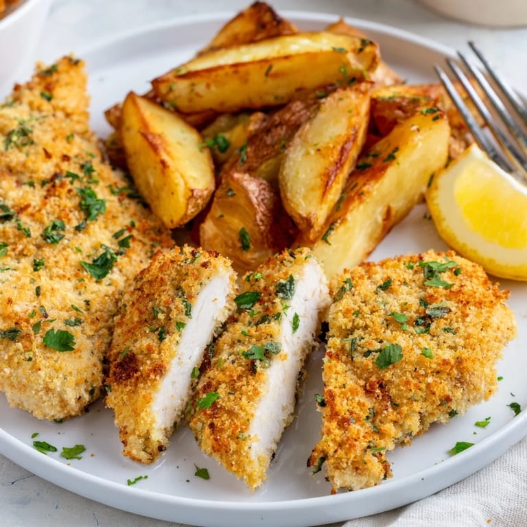 Crispy potato wedges complement seasoned chicken tenders for a satisfying, wholesome dinner.