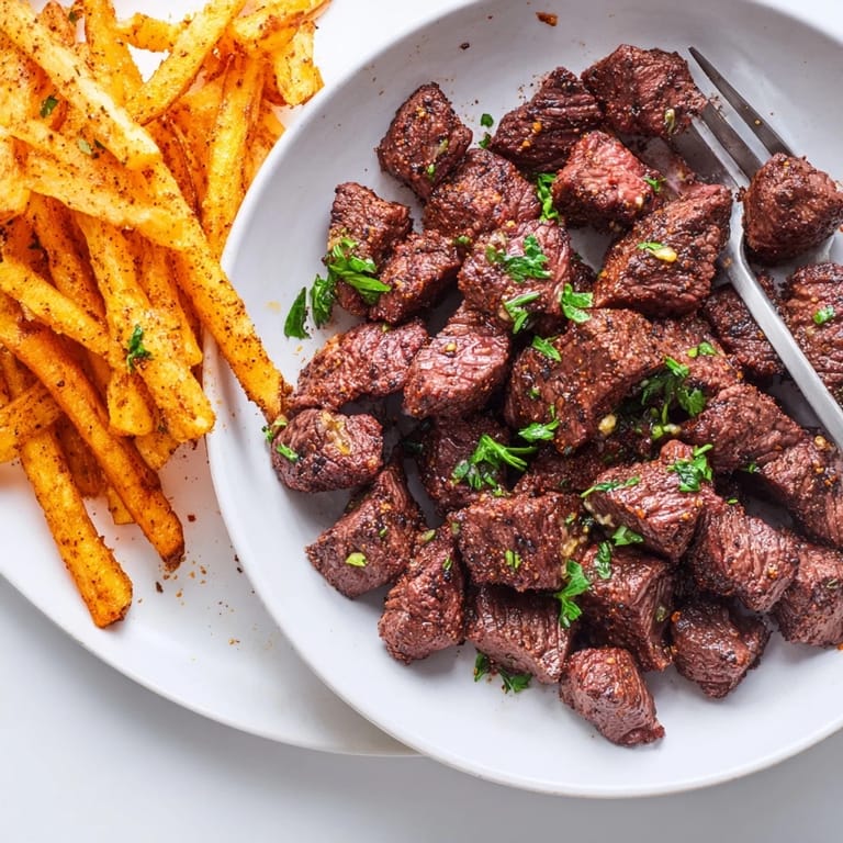 Tender blackened steak bites nestled beside crunchy fries, ready for dipping sauces.