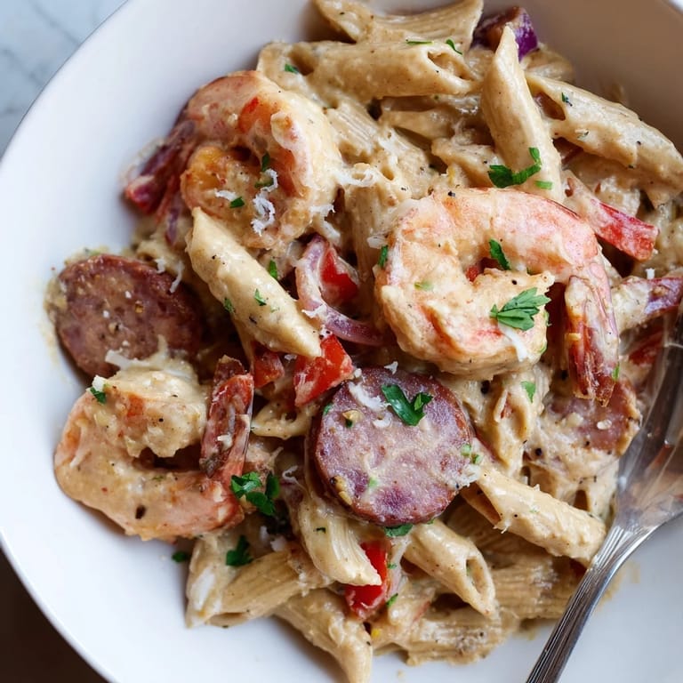 A delicious Cajun Sausage & Shrimp Alfredo Pasta Skillet served with garlic bread.  