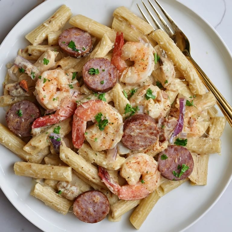 One-pan Cajun Sausage & Shrimp Alfredo Pasta Skillet, rich with creamy sauce and flavors.