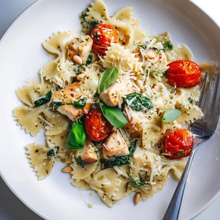 Comforting pesto chicken bowtie pasta showcasing tender chicken and vibrant spinach.