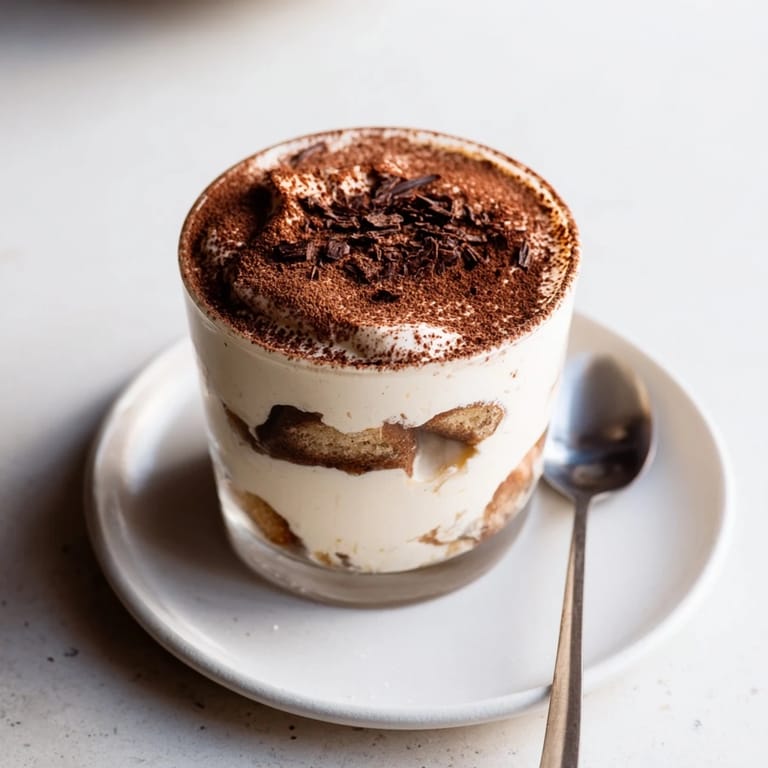 Delicious Tiramisu Cup topped with cocoa powder and chocolate shavings, perfect for dessert.  