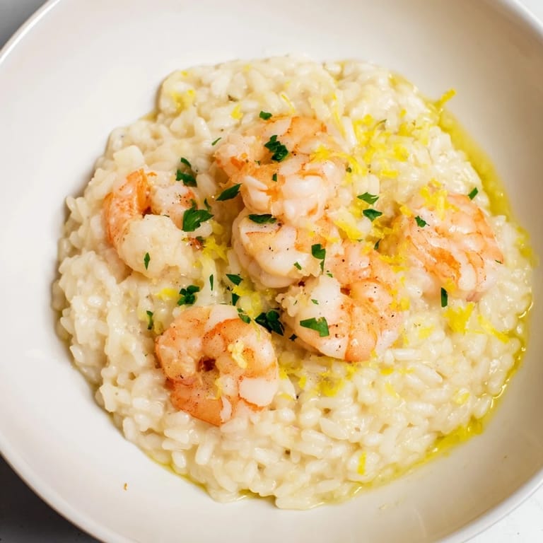 Luxurious saffron and lemon risotto served hot, topped with sautéed shrimp.  