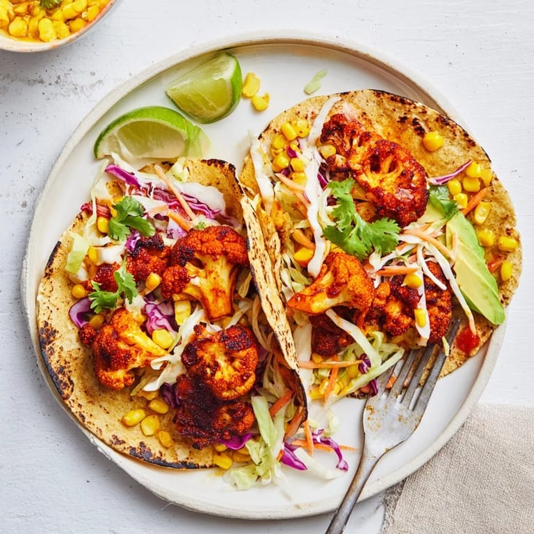 Colorful BBQ Cauliflower and sweet corn tacos garnished with fresh cilantro and lime.  