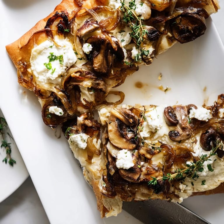 Warm sliced caramelized onion & mushroom flatbread, ideal as a vegetarian appetizer or light meal.
