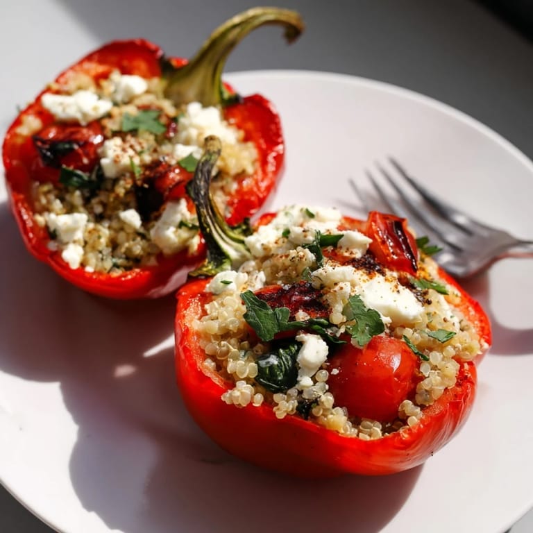 Healthy bell peppers filled with fluffy quinoa, herbs, and roasted garlic for dinner.