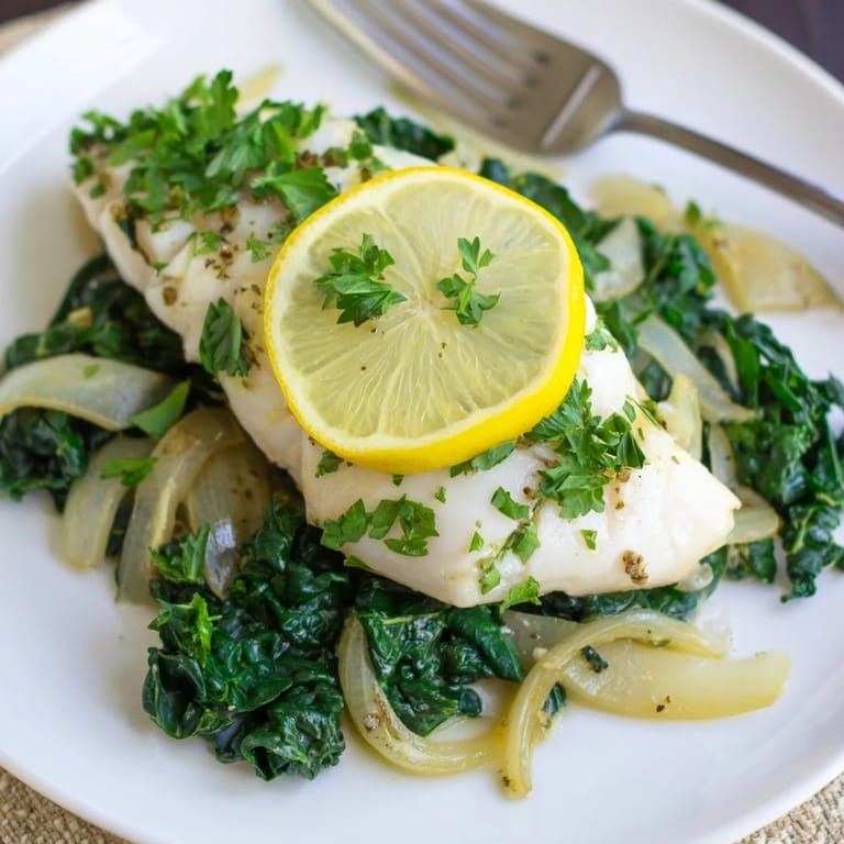 Zesty lemon garlic baked cod atop fresh sautéed greens, perfect for a light dinner.