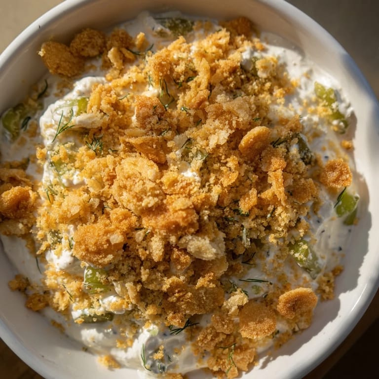 A serving of creamy Fried Pickle Dip, garnished with panko, perfect for a tasty appetizer.
