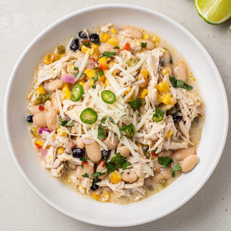 Creamy and flavorful slow cooker white chicken chili with black beans, perfect for a cozy dinner.