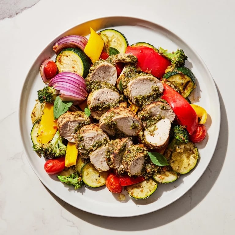 Savory Quick Lemon Pesto Chicken Sheet Pan with vibrant vegetables, ready for a delicious, healthy meal.