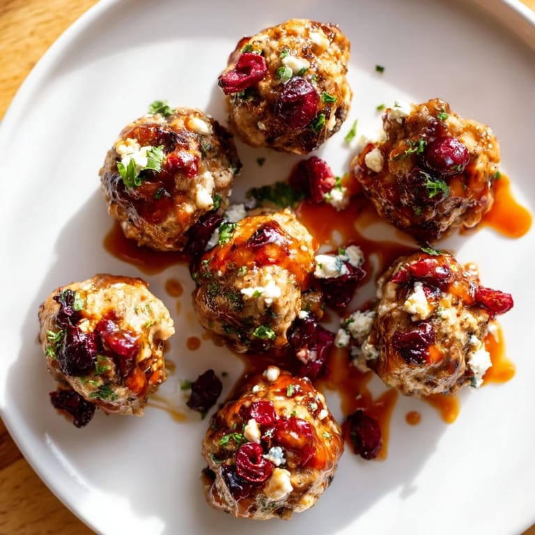 Freshly baked Cranberry Feta Meatballs with a sweet and savory glaze, perfect party food option.
