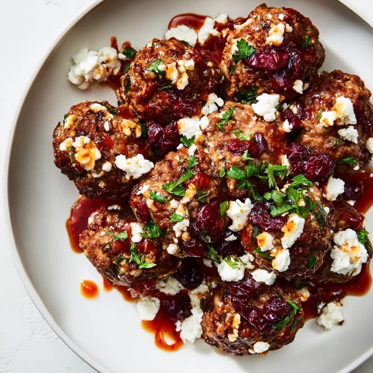 Close-up of juicy Cranberry Feta Meatballs, bursting with cranberry and feta flavor alongside vibrant sauce.
