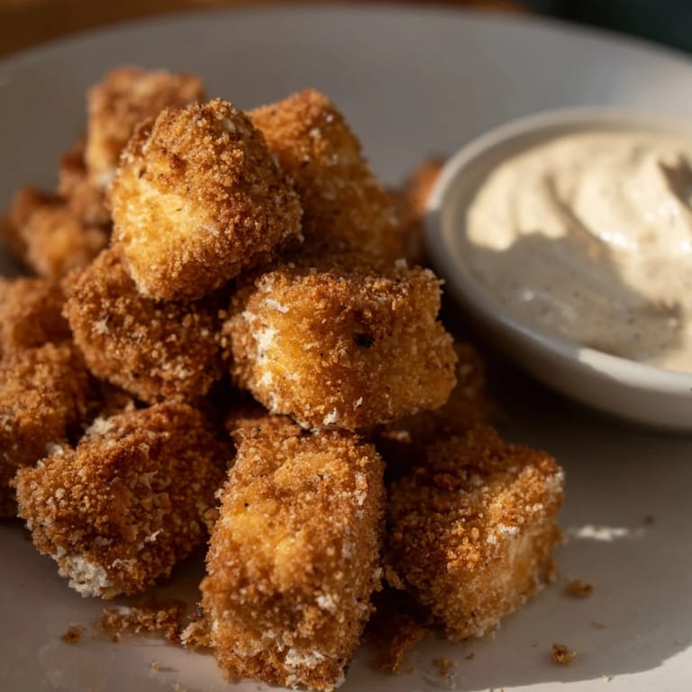 Imagine the texture: golden, crunchy tofu nuggets ready to be dipped into the spiced holiday dip.
