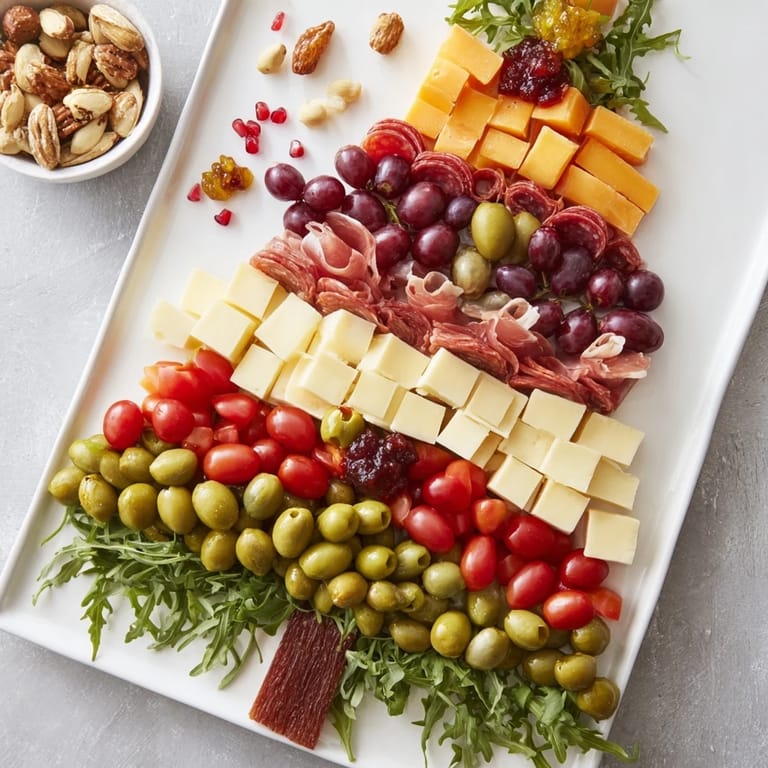 Imagine a vibrant Festive Charcuterie Tree overflowing with delicious international flavors, ready to enjoy.