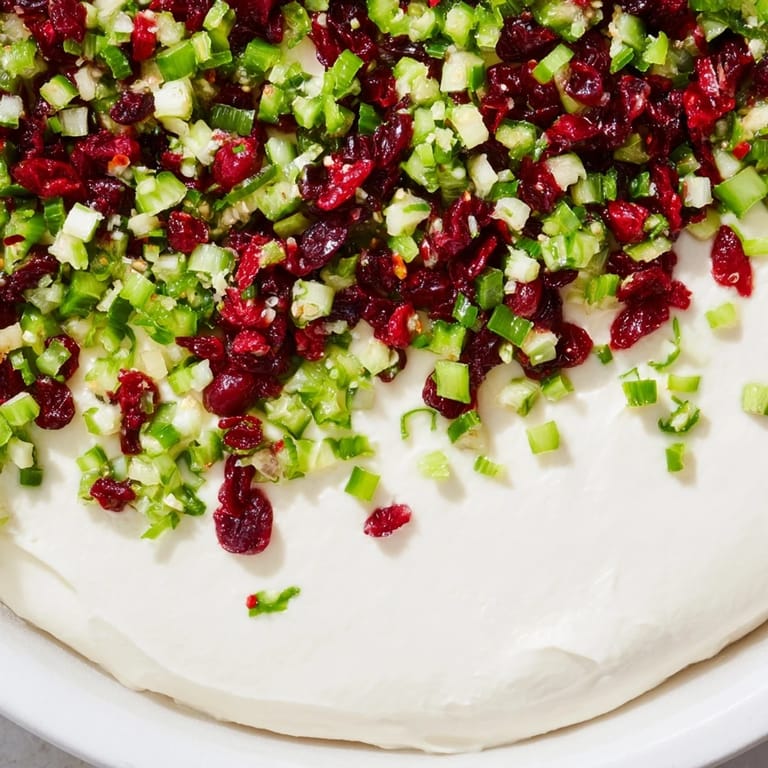A close-up of Spiced Cranberry Jalapeño Cream Cheese Dip, showcasing the colorful, fresh ingredients layered beautifully.