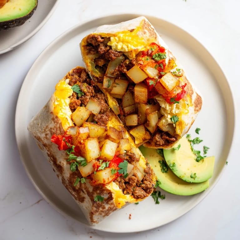 Spicy kimchi and sausage create festive flavor in these hearty Christmas Breakfast Burritos.