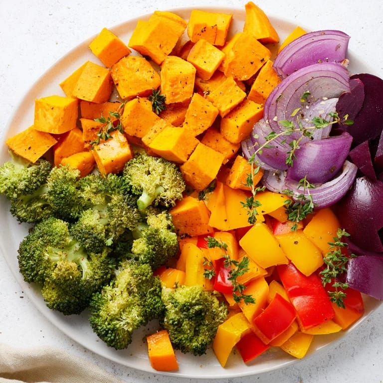 A delicious Friendsgiving Rainbow Roasted Vegetable Medley featuring golden butternut squash and colorful peppers.