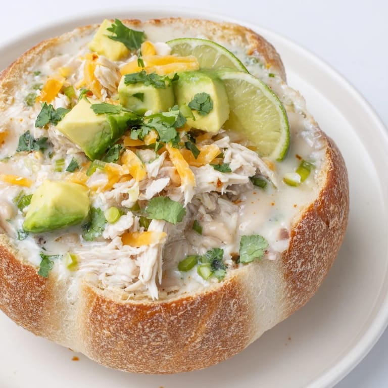 A steaming bowl of White Chicken Chili nestled inside a golden, crusty sourdough bread bowl.