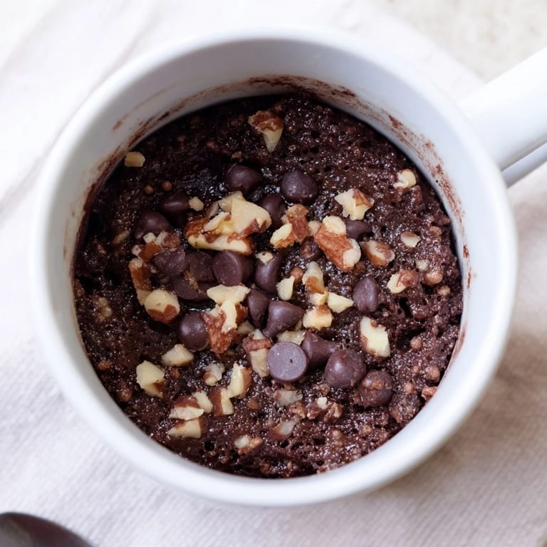 A fluffy, dark chocolate microwaved mug cake, with optional chocolate chips in every bite.