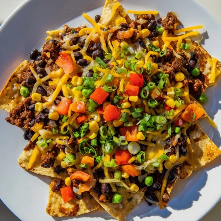 A tray of golden sheet-pan nachos brimming with melted cheese, beans, and fresh toppings.