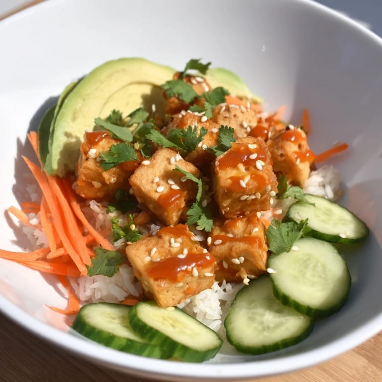 Flavorful chili-mayo baked tofu, ready to eat, featuring a delicious vegetarian bowl recipe.
