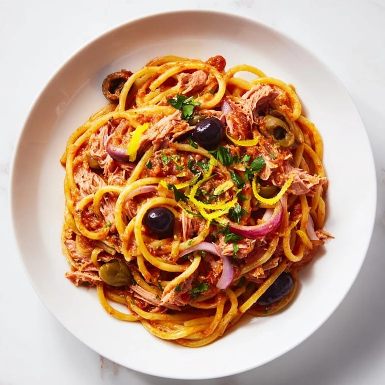 A close-up of pasta with tuna, olives, and capers, cooked in a rich tomato sauce, ready.