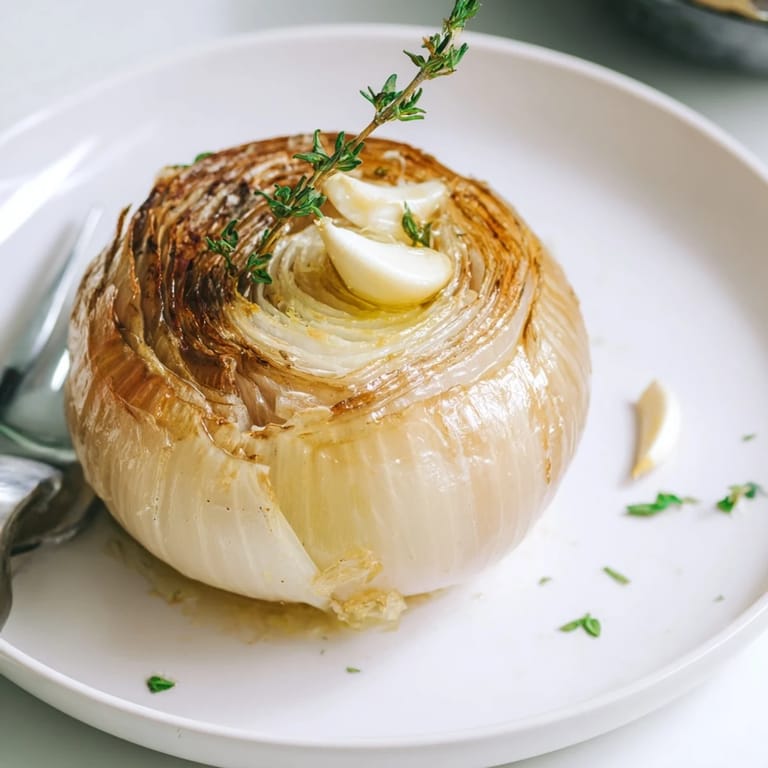 Meltingly soft onion boil, seasoned with garlic, glistening after roasting, aromatic side dish.
