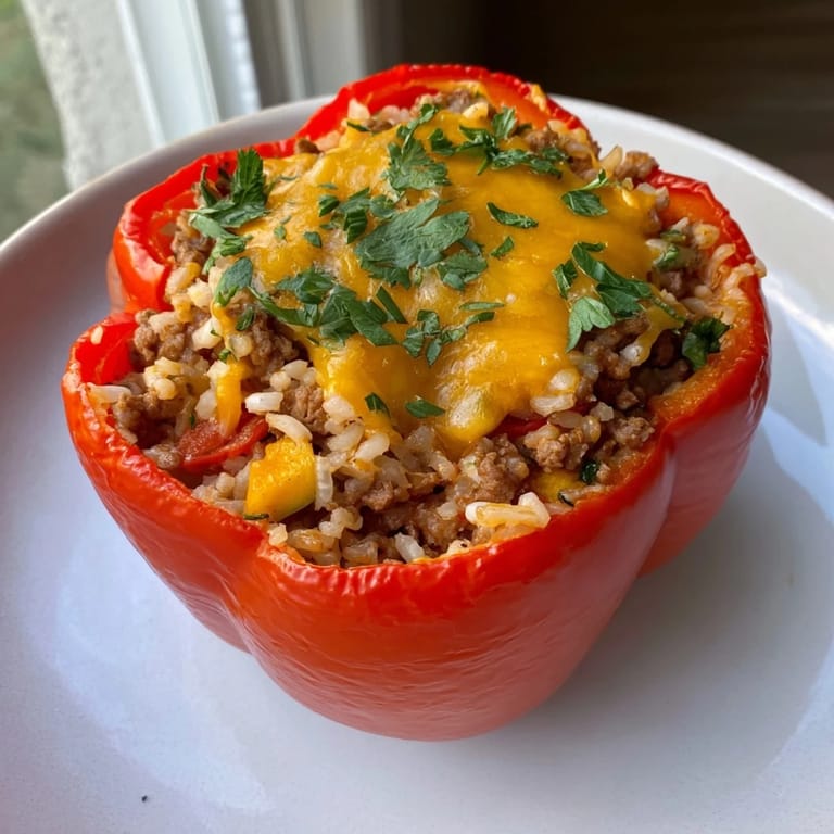 Sizzling close-up of baked Ground Turkey Stuffed Peppers, bubbling cheese, and colorful veggie filling.
