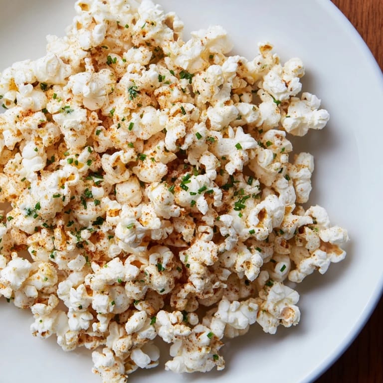 Close-up photo of crunchy savoury popcorn mix with Parmesan and chili flakes, ready to eat.