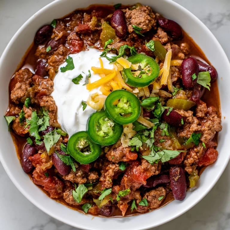 A close-up of hearty quick chili with canned beans, showcasing the rich, red tomato base and tender beef.