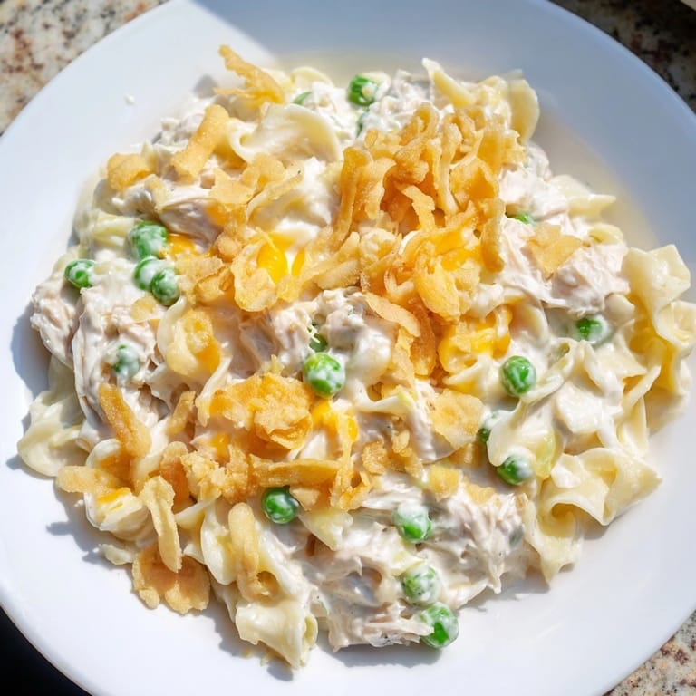 A close-up of a steaming, family-favorite Homemade Tuna Noodle Casserole with delicious texture.