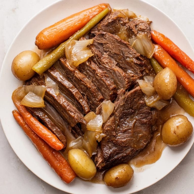 A Dutch oven overflows with a slow-cooked Pickle Brine Pot Roast alongside potatoes and carrots.