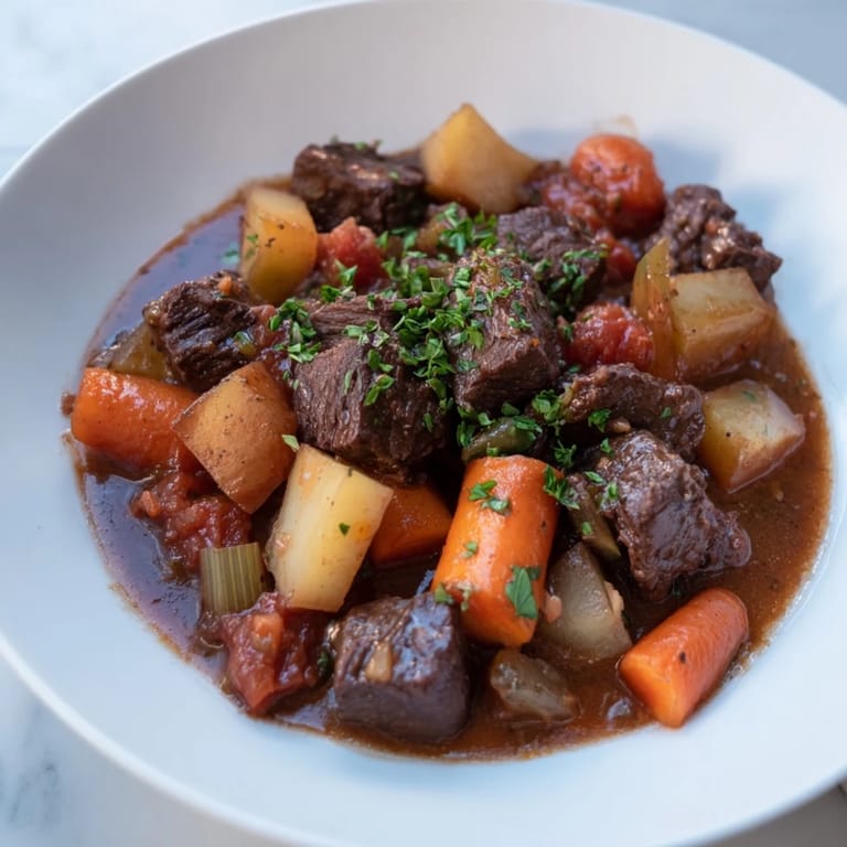 A close-up of steaming Instant Pot Beef Stew shows chunks of beef and root vegetables.
