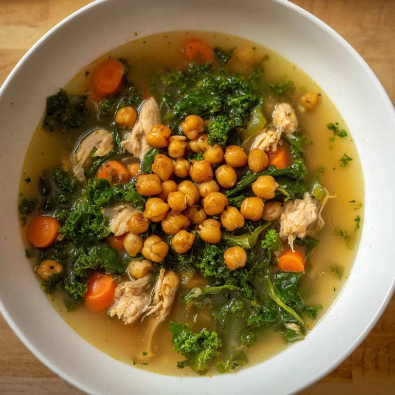 Golden, crispy chickpeas crown this comforting Chicken Kale Soup next to tender chicken and kale.
