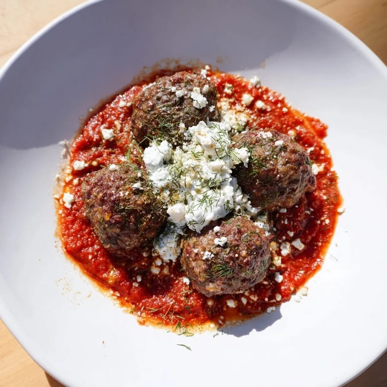 Close-up of juicy Instant Pot Greek-Style Meatballs, smothered in rich tomato sauce and creamy feta.
