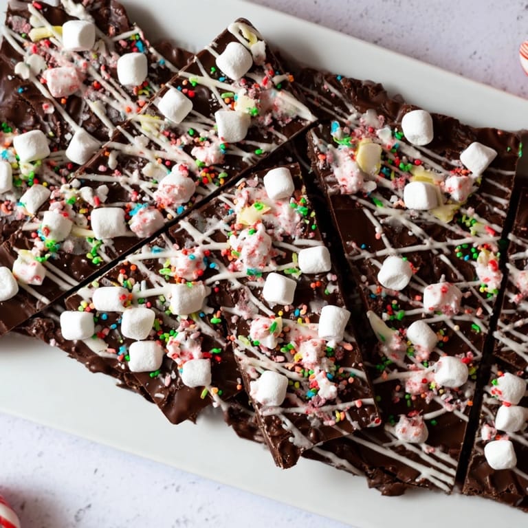 Homemade Hot Chocolate Bomb Bark, visually appealing with drizzles of white chocolate and marshmallows.