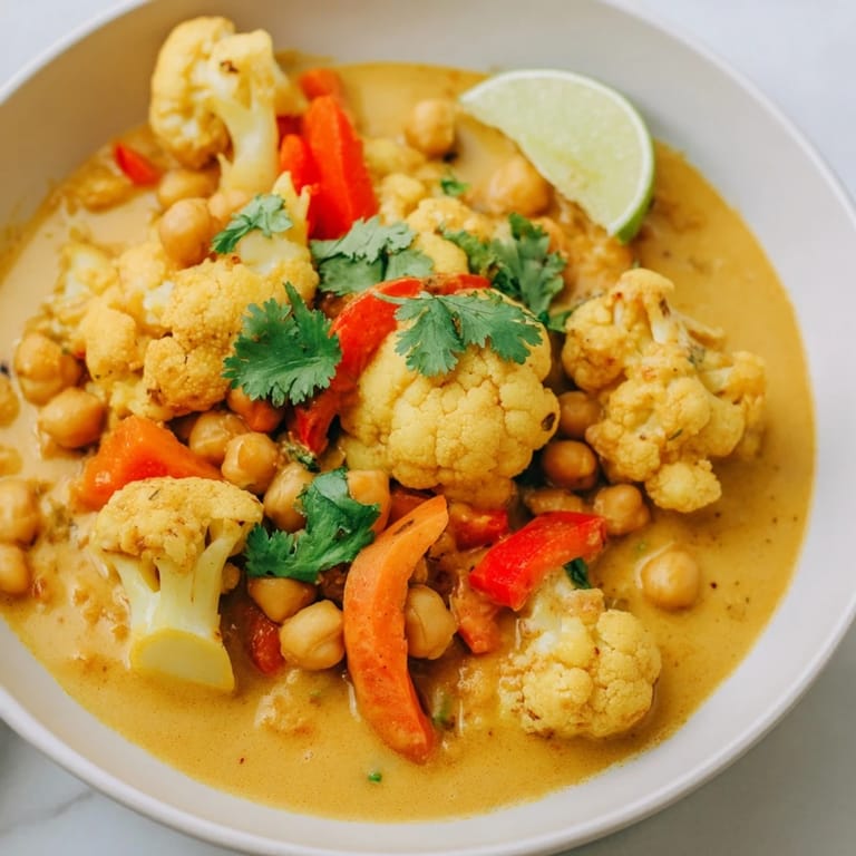 A photo of rich, golden Curried Cauliflower and Chickpea Coconut Stew with a creamy coconut broth.