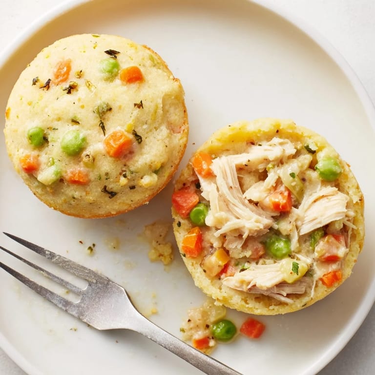 A close-up of delicious Chicken Pot Pie Cornbread Muffins, showing their fluffy cornbread tops and filling.