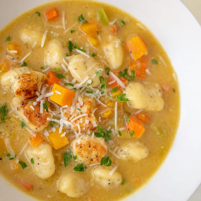 Velvety smooth, golden Savory Butternut Squash Gnocchi Soup, perfect for a cozy, comforting supper.