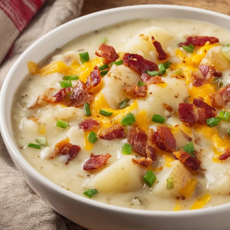 This creamy Crockpot Loaded Baked Potato Soup features a hearty texture with savory toppings.