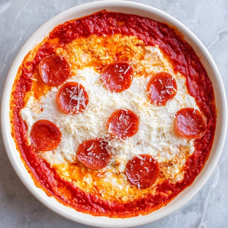 A close-up shot of homemade Pizza Dip; creamy base, topped with melting cheese and spicy pepperoni.