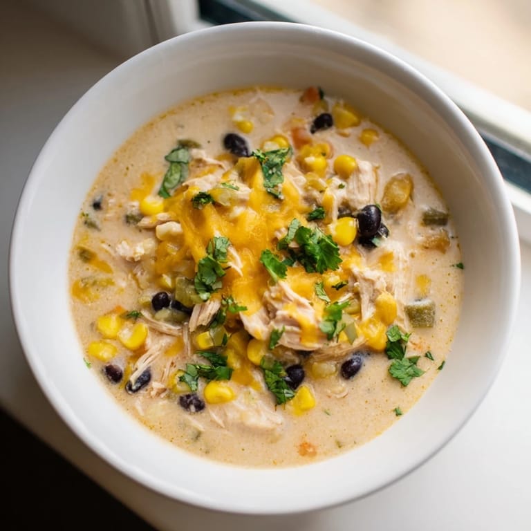 A close-up of a flavorful bowl of Chicken Poblano Soup, showcasing creamy texture and vibrant colors.