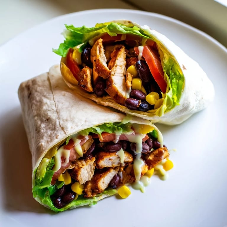 Freshly assembled Southwest Chicken Wrap, featuring crispy chicken and vibrant vegetables, ready to eat.