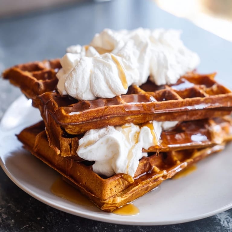 Golden, crispy Express Gingerbread Waffle Stacks served on a plate, ready for breakfast or dessert.